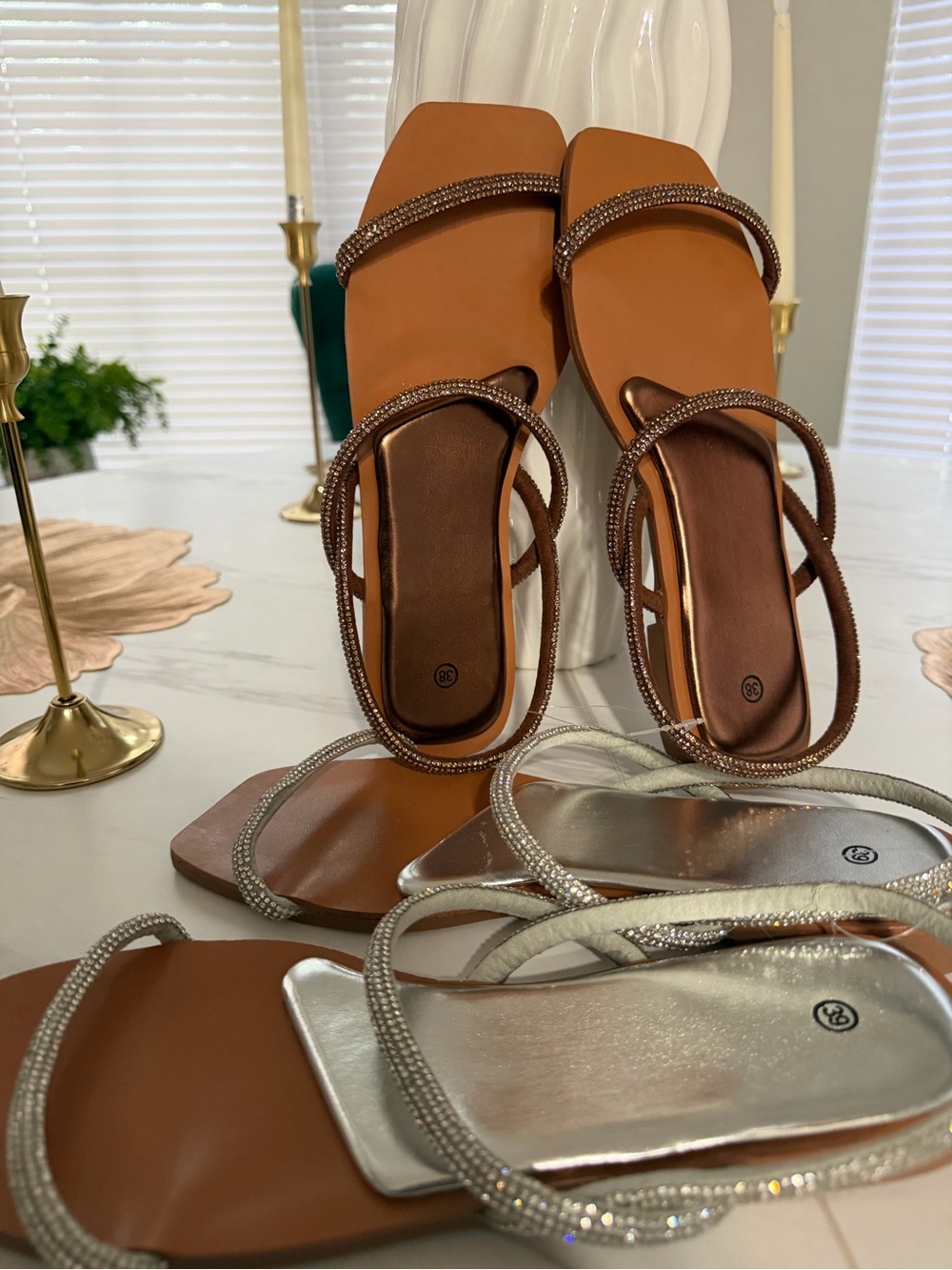 Women’s Square-Toe Rhinestone Strap Sandals - Brown and Silver